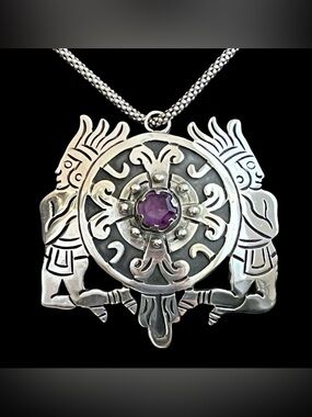 Vintage Taxco Mexico Large Sterling silver and amethyst pendant Signed